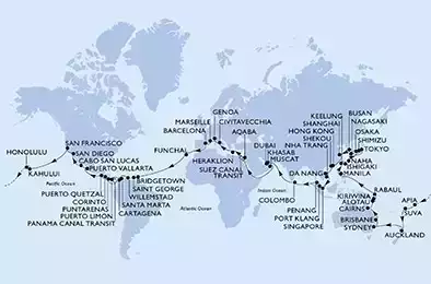 MSC POESIA - Itinerario di 118 notti partendo da GENOVA il 05/01/2023 - Italia, Francia, Spagna, Portogallo, Barbados, Grenada, Colombia, Costa Rica, Panama, Nicaragua, Guatemala, Messico, USA, Samoa, Isole Figi, Nuova Zelanda, Australia, Papua Nuova Guinea, Filippine, Cina (Taiwan), Giappone, Repubblica di Corea, Cina Continentale, Cina (Hong Kong SAR), Vietnam, Singapore, Malesia, Sri Lanka, Emirati Arabi Uniti, Oman, Giordania, Egitto, Grecia