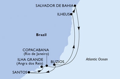 Santos, Ilha Grande, Copacabana, Ilheus, Salvador da Bahia, Buzios, Santos