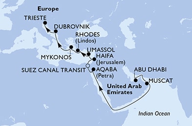 Abu Dhabi,Muscat,Aqaba,Suez Canal South,Suez Canal North,Haifa,Haifa,Limassol,Rhodes,Mykonos,Dubrovnik,Trieste