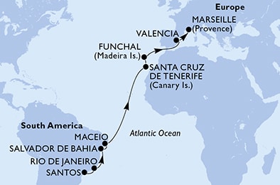 Santos,Rio de Janeiro,Salvador,Maceio,Santa Cruz de Tenerife,Funchal,Valencia,Marseille