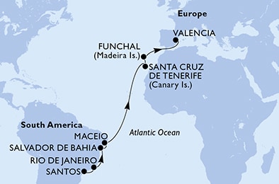 Santos,Rio de Janeiro,Salvador,Maceio,Santa Cruz de Tenerife,Funchal,Valencia