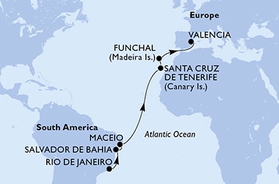 Rio de Janeiro,Salvador,Maceio,Santa Cruz de Tenerife,Funchal,Valencia