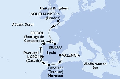 Southampton,Bilbao,Ferrol,Lisbon,Lisbon,Tangier,Valencia