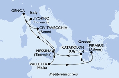 Livorno,Messina,Valletta,Piraeus,Katakolon,Civitavecchia,Genoa