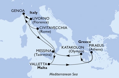 Livorno,Messina,Valletta,Piraeus,Katakolon,Civitavecchia,Genoa,Livorno