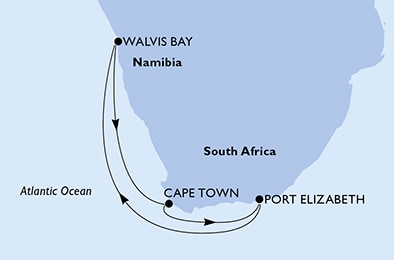 Cape Town,Port Elizabeth,Walvis Bay,Cape Town
