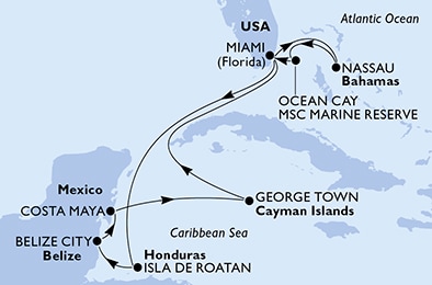 Miami,Nassau,Ocean Cay,Miami,Isla de Roatan,Belize City,Costa Maya,George Town,Miami