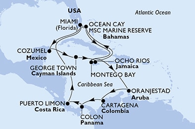 Miami,Cozumel,George Town,Ocho Rios,Ocean Cay,Miami,Ocean Cay,Montego Bay,Oranjestad,Cartagena,Colon,Puerto Limon,Miami