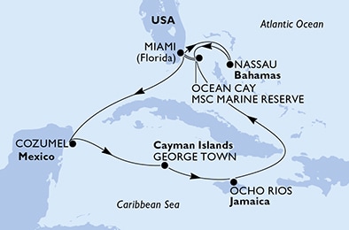 Miami,Nassau,Ocean Cay,Miami,Cozumel,George Town,Ocho Rios,Ocean Cay,Miami