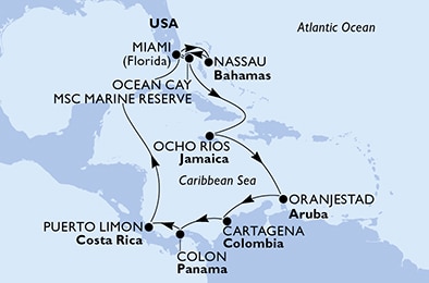 Miami,Ocean Cay,Ocho Rios,Oranjestad,Cartagena,Colon,Puerto Limon,Miami,Nassau,Ocean Cay,Miami