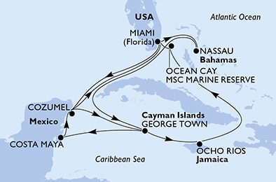 Miami,Nassau,George Town,Costa Maya,Cozumel,Miami,Cozumel,George Town,Ocho Rios,Ocean Cay,Miami