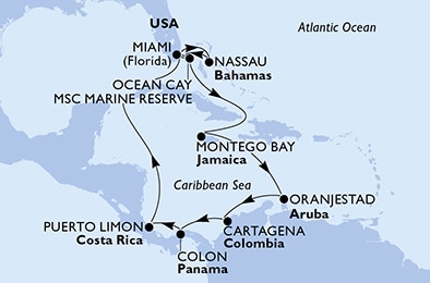 Miami,Ocean Cay,Montego Bay,Oranjestad,Cartagena,Colon,Puerto Limon,Miami,Nassau,Ocean Cay,Miami