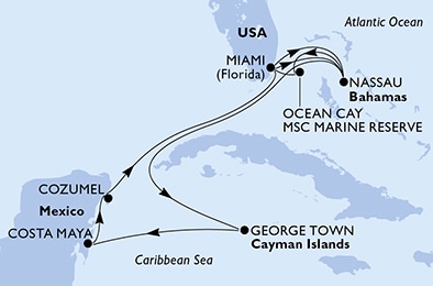 Miami,Nassau,Ocean Cay,Miami,Nassau,George Town,Costa Maya,Cozumel,Miami