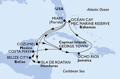 Miami,Isla de Roatan,Belize City,Costa Maya,George Town,Miami,Cozumel,George Town,Ocho Rios,Ocean Cay,Miami