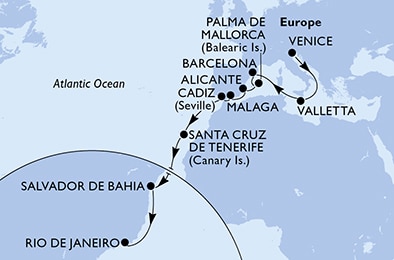 Venice,Valletta,Barcelona,Palma de Mallorca,Alicante,Malaga,Cadiz,Santa Cruz de Tenerife,Salvador,Rio de Janeiro