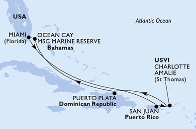 Miami,San Juan,Charlotte Amalie,Puerto Plata,Ocean Cay,Miami
