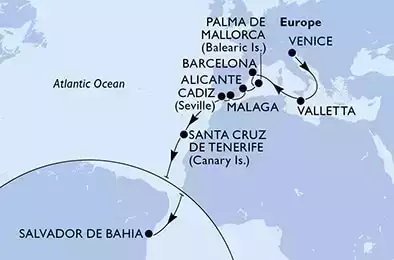 Venice,Valletta,Barcelona,Palma de Mallorca,Alicante,Malaga,Cadiz,Santa Cruz de Tenerife,Salvador