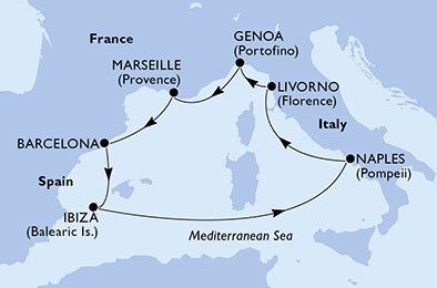 Naples,Livorno,Genoa,Marseille,Barcelona,Ibiza,Naples