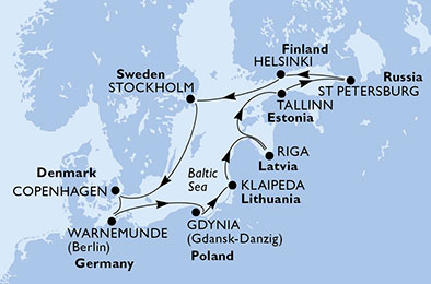 Copenhagen,Warnemunde,Gdynia,Klaipeda,Riga,Tallinn,St Petersburg,St Petersburg,Helsinki,Stockholm,Copenhagen