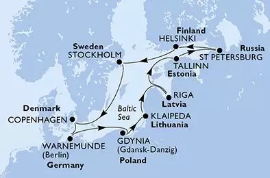 MSC MUSICA - Itinerario di 11 notti partendo da COPENHAGEN, DENMARK il 14/05/2021 - Copenhagen,Warnemunde,Gdynia,Klaipeda,Riga,Tallinn,St Petersburg,St Petersburg,Helsinki,Stockholm,Copenhagen