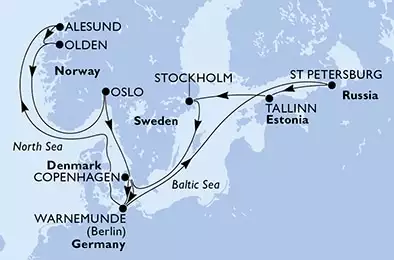 MSC MUSICA - Itinerario di 14 notti partendo da COPENHAGEN, DENMARK il 26/06/2021 - Copenhagen,Warnemunde,St Petersburg,Tallinn,Stockholm,Copenhagen,Warnemunde,Alesund,Olden,Oslo,Copenhagen