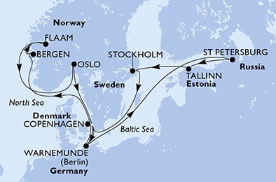 Warnemunde,Bergen,Flaam,Oslo,Copenhagen,Warnemunde,St Petersburg,Tallinn,Stockholm,Copenhagen,Warnemunde