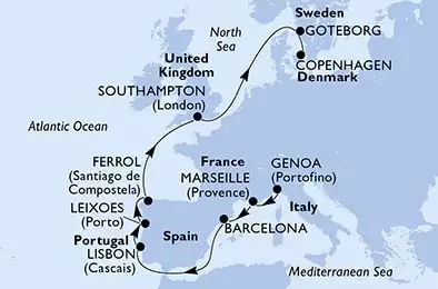 MSC MUSICA - Itinerario di 11 notti partendo da GENOVA il 03/05/2021 - Genoa,Marseille,Barcelona,Lisbon,Leixoes,Ferrol,Southampton,Goteborg,Copenhagen