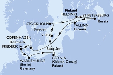 Warnemunde,Gdynia,Visby,Stockholm,Helsinki,St Petersburg,St Petersburg,Tallinn,Copenhagen,Fredericia,Warnemunde