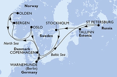 Warnemunde,St Petersburg,Tallinn,Stockholm,Copenhagen,Warnemunde,Bergen,Olden,Oslo,Copenhagen,Warnemunde
