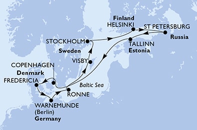 Copenhagen,Fredericia,Warnemunde,Ronne,Visby,Stockholm,Helsinki,St Petersburg,St Petersburg,Tallinn,Copenhagen