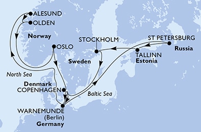 Warnemunde,St Petersburg,Tallinn,Stockholm,Copenhagen,Warnemunde,Alesund,Olden,Oslo,Copenhagen,Warnemunde