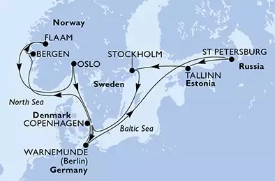MSC MUSICA - Itinerario di 14 notti partendo da COPENHAGEN, DENMARK il 05/06/2021 - Copenhagen,Warnemunde,Bergen,Flaam,Oslo,Copenhagen,Warnemunde,St Petersburg,Tallinn,Stockholm,Copenhagen