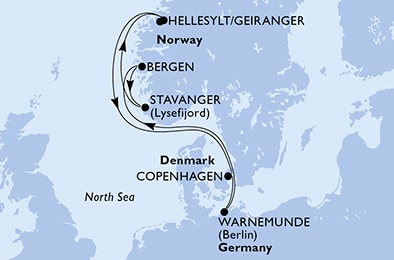 Warnemunde,Bergen,Stavanger,Hellesylt/Geiranger,Copenhagen,Warnemunde