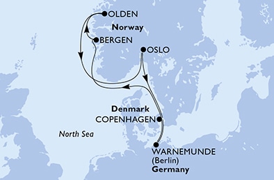 Copenhagen,Warnemunde,Bergen,Olden,Oslo,Copenhagen
