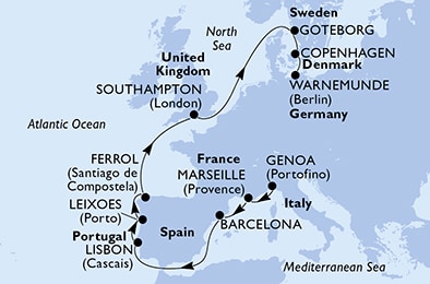 Genoa,Marseille,Barcelona,Lisbon,Leixoes,Ferrol,Southampton,Goteborg,Copenhagen,Warnemunde