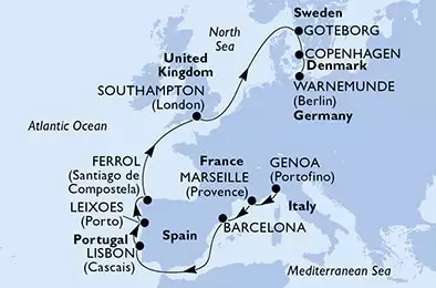 MSC MUSICA - Itinerario di 12 notti partendo da GENOVA il 03/05/2021 - Genoa,Marseille,Barcelona,Lisbon,Leixoes,Ferrol,Southampton,Goteborg,Copenhagen,Warnemunde