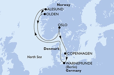 Copenhagen,Warnemunde,Alesund,Olden,Oslo,Copenhagen
