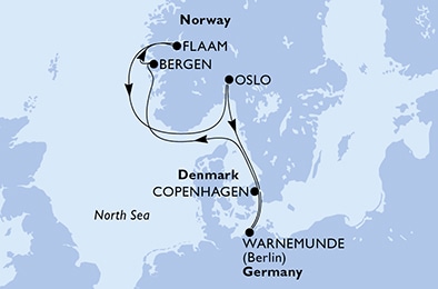 Copenhagen,Warnemunde,Bergen,Flaam,Oslo,Copenhagen
