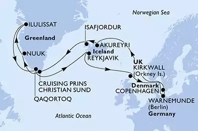 MSC MUSICA - Itinerario di 21 notti partendo da COPENHAGEN, DENMARK il 10/07/2021 - Copenhagen,Warnemunde,Akureyri,Isafjordur,Cruisin Prins Christian Sund W,Cruisin Prins Christian Sund E,Nuuk,Ilulissat,Ilulissat,Qaqortoq,Reykjavik,Reykjavik,Kirkwall,Copenhagen