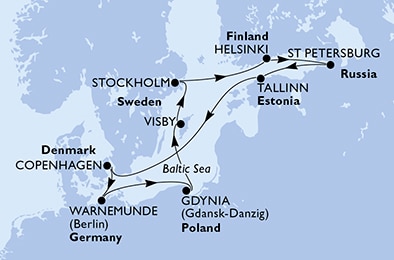 Copenhagen,Warnemunde,Gdynia,Visby,Stockholm,Helsinki,St Petersburg,St Petersburg,Tallinn,Copenhagen
