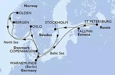 MSC MUSICA - Itinerario di 14 notti partendo da COPENHAGEN, DENMARK il 12/06/2021 - Copenhagen,Warnemunde,St Petersburg,Tallinn,Stockholm,Copenhagen,Warnemunde,Bergen,Olden,Oslo,Copenhagen