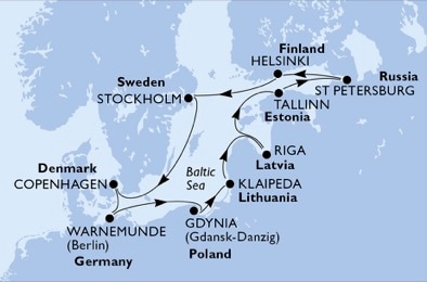 Warnemunde,Gdynia,Klaipeda,Riga,Tallinn,St Petersburg,St Petersburg,Helsinki,Stockholm,Copenhagen,Warnemunde