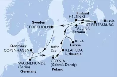 MSC MUSICA - Itinerario di 11 notti partendo da WARNEMÜNDE, GERMANIA il 26/05/2021 - Warnemunde,Gdynia,Klaipeda,Riga,Tallinn,St Petersburg,St Petersburg,Helsinki,Stockholm,Copenhagen,Warnemunde