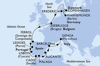 Copenhagen,Fredericia,Warnemunde,Zeebrugge,Ferrol,Leixoes,Lisbon,Cadiz,Malaga,Alicante,Barcelona,Genoa