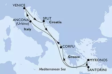 MSC LIRICA - Itinerario di 7 notti partendo da VENEZIA il 30/04/2021 - Venice,Split,Santorini,Mykonos,Mykonos,Corfu,Ancona,Venice