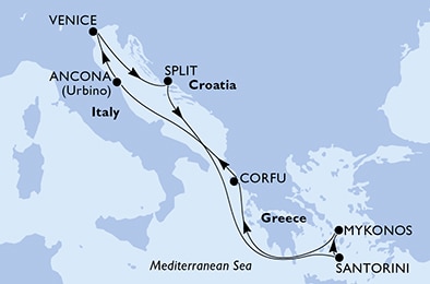 Ancona,Venice,Split,Santorini,Mykonos,Mykonos,Corfu,Ancona