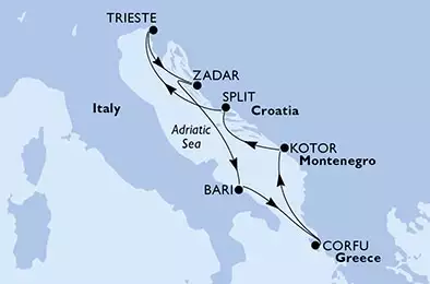 MSC OPERA - Itinerario di 7 notti partendo da BARI il 27/04/2021 - Bari,Corfu,Kotor,Split,Trieste,Zadar,Bari
