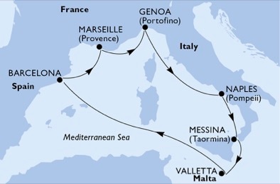 Genoa,Naples,Messina,Valletta,Barcelona,Marseille,Genoa