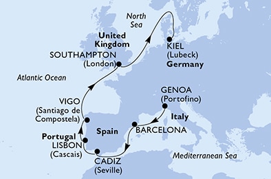 Genoa,Barcelona,Cadiz,Lisbon,Vigo,Southampton,Kiel