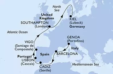 MSC GRANDIOSA - Itinerario di 10 notti partendo da GENOVA il 27/04/2022 - Genoa,Barcelona,Cadiz,Lisbon,Vigo,Southampton,Kiel